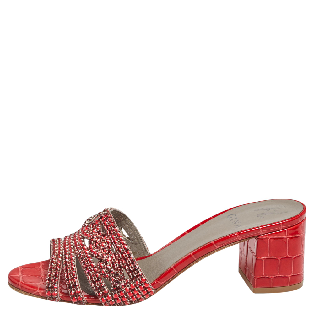 

Gina Red Croc Embossed Patent Leather Rodeo Crystal Embellished Block Heel Slides Size