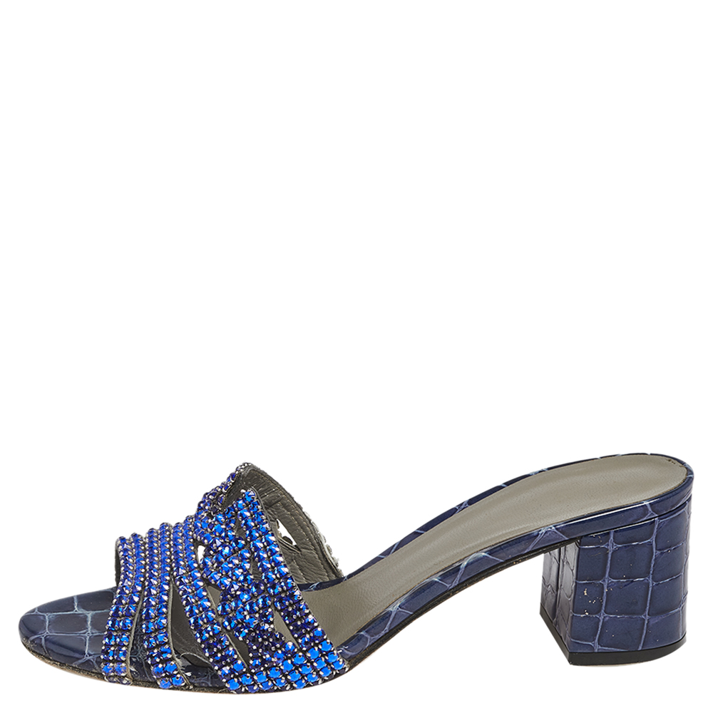 

Gina Blue Crystal Embellished Croc Embossed Patent Leather Rodeo Block Heel Slides Size