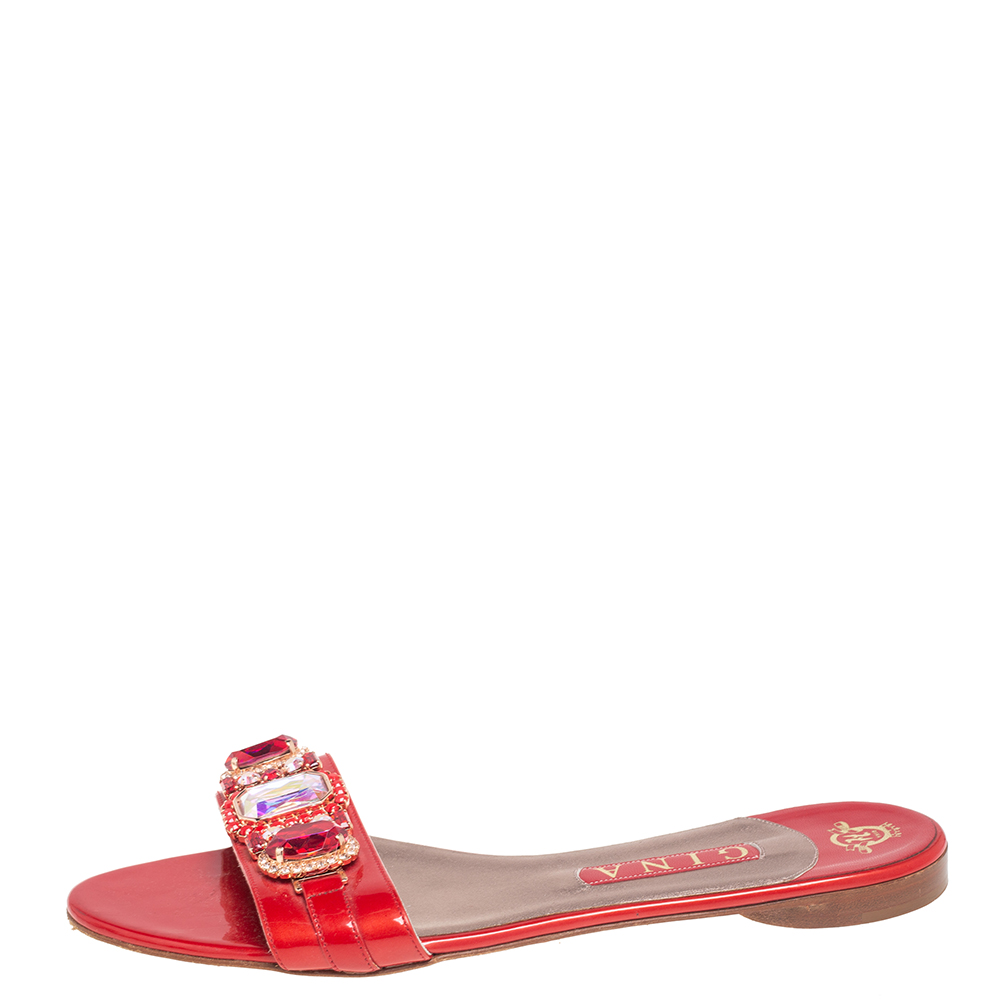 

Gina Red Patent Leather Crystal Embellished Flat Slides Size