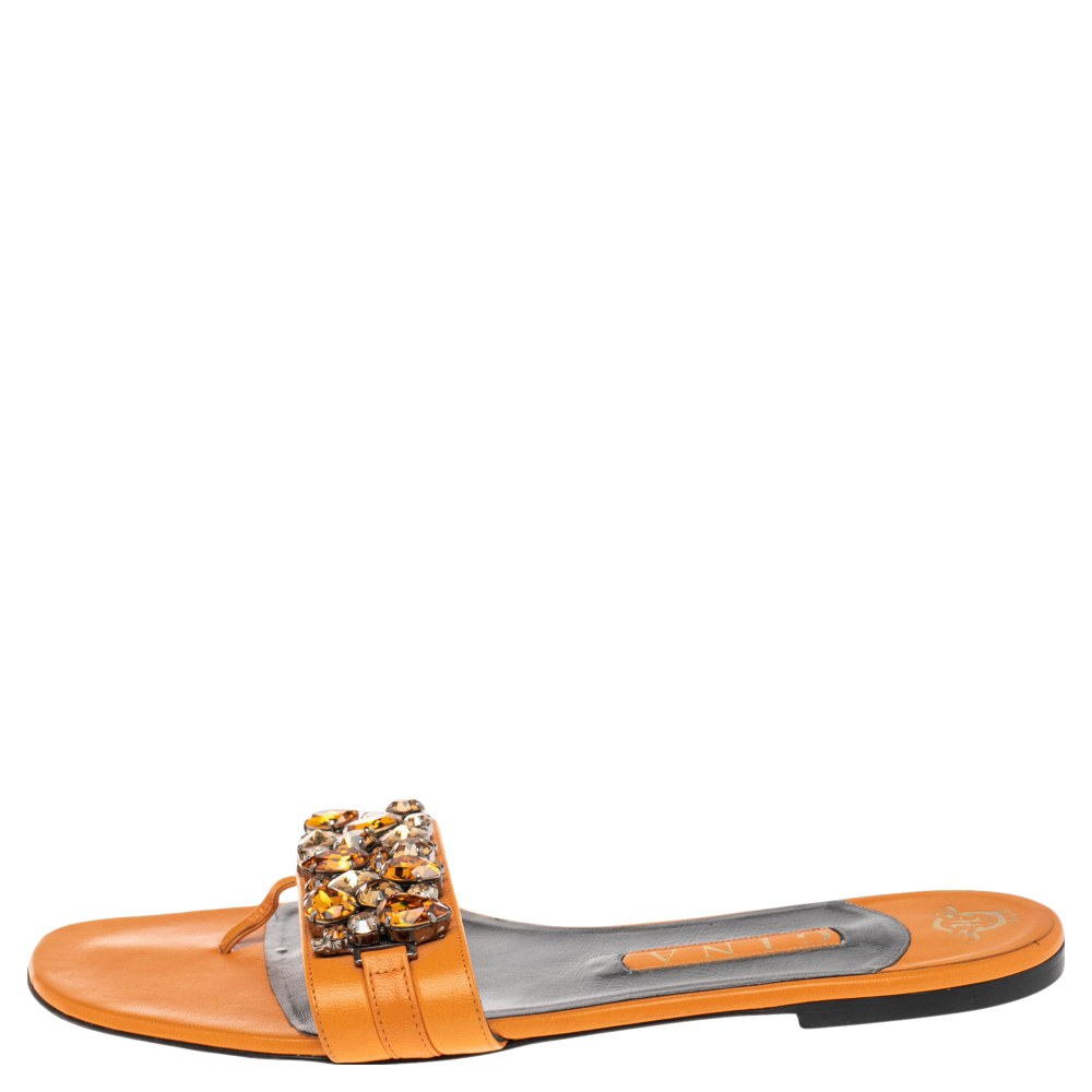 

Gina Orange Leather Crystal Embellished Slip On Flat Slides Size