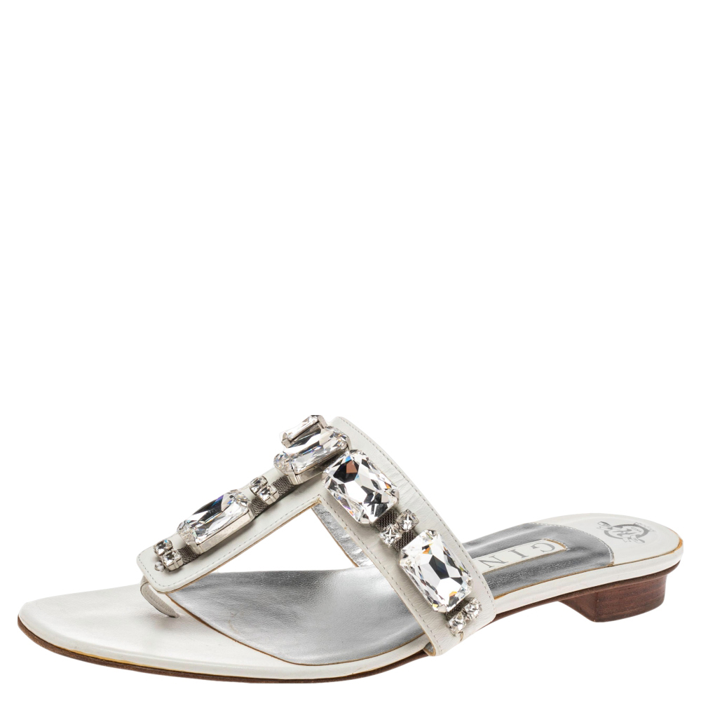 

Gina White Leather Crystal Embellished Thong Flat Slides Size 40.5
