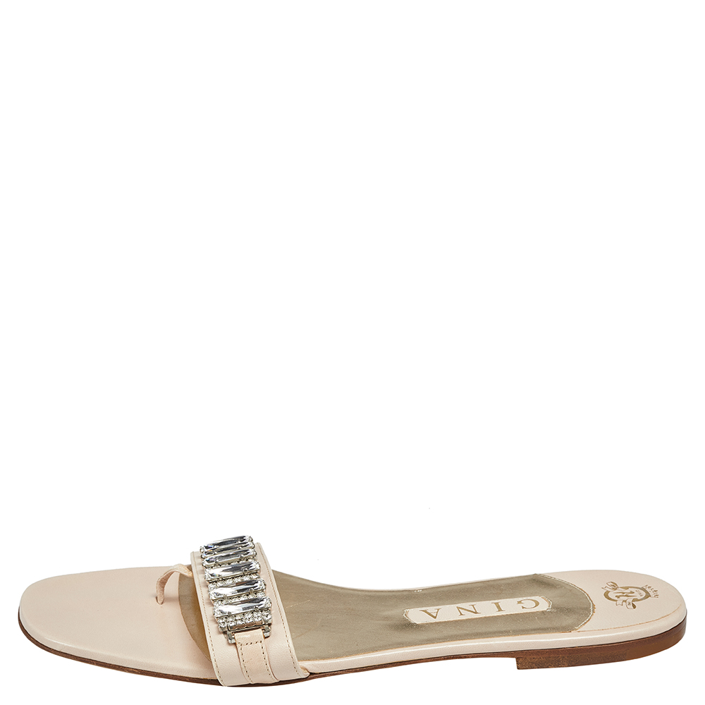 

Gina Beige Leather Crystal Embellished Slip On Flat Slides Size