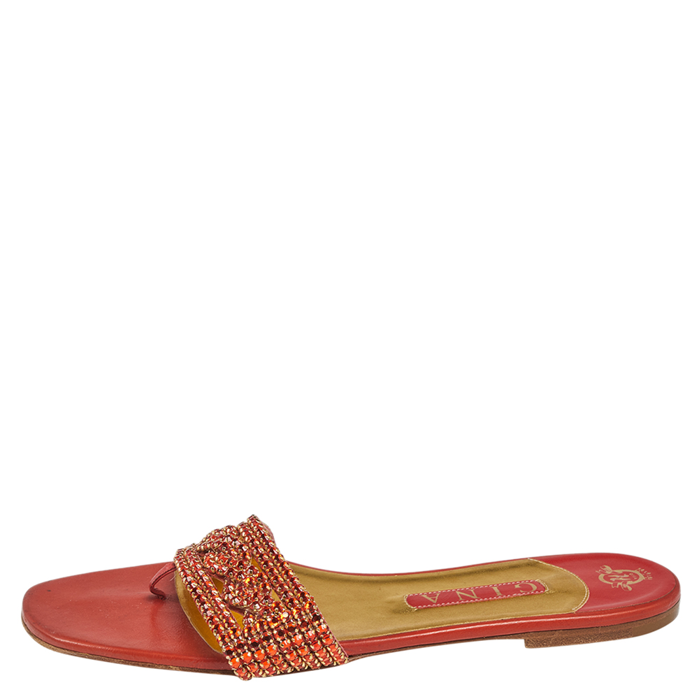 

Gina Red Leather Crystal Embellished Slide Flats Size