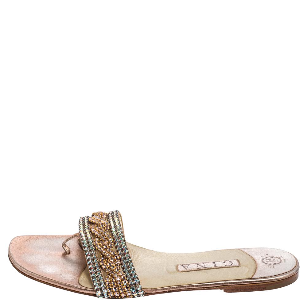 

Gina Pink/Green Crystal Embellished Leather Athena Slide Flats Size