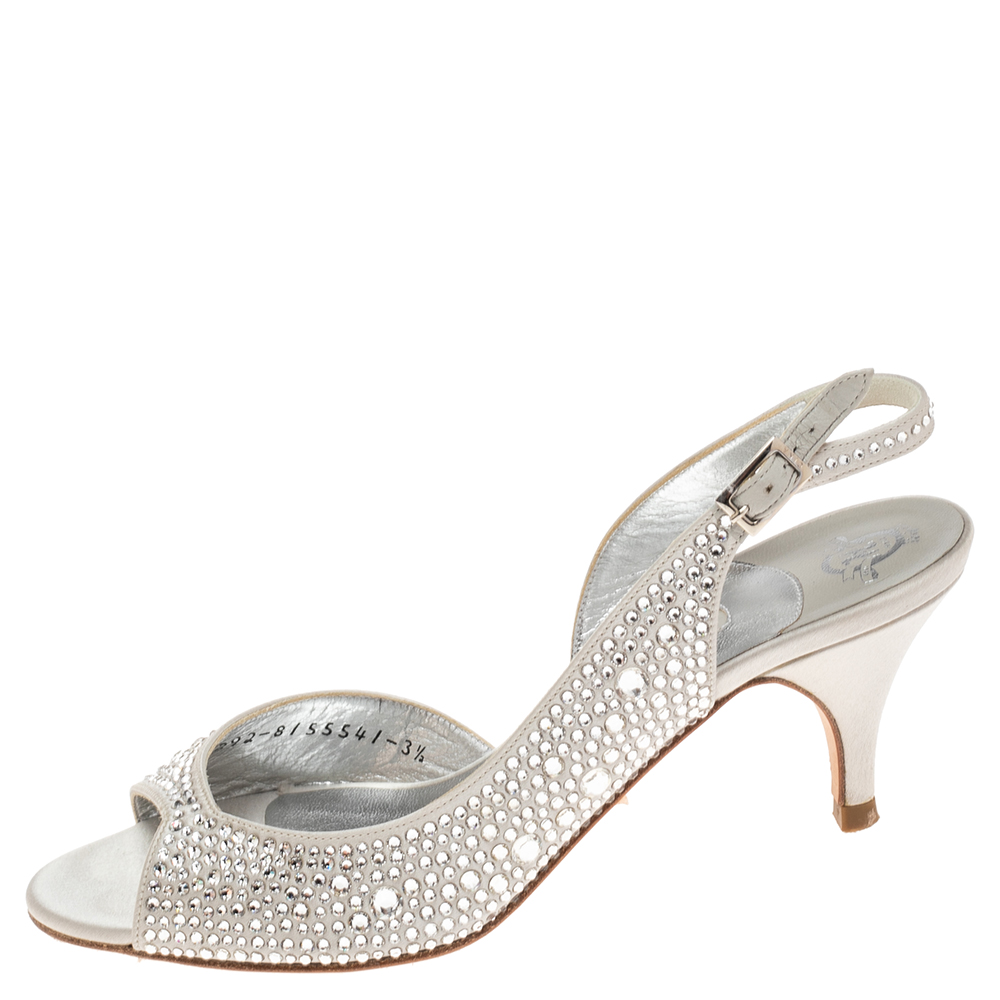 

Gina Sliver Satin Crystal Embellished Frances Sandals Size, Silver