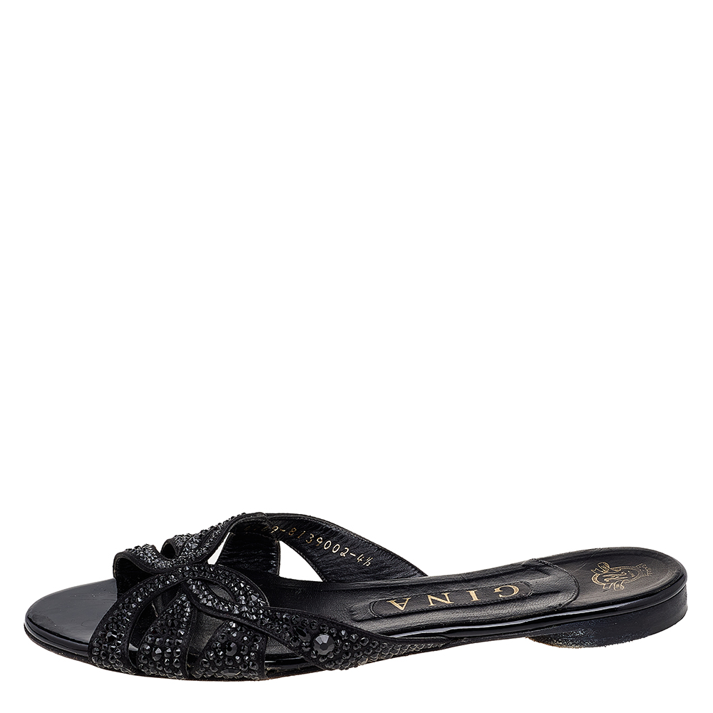 

Gina Black Leather Crystal Embellished Flat Slides Size