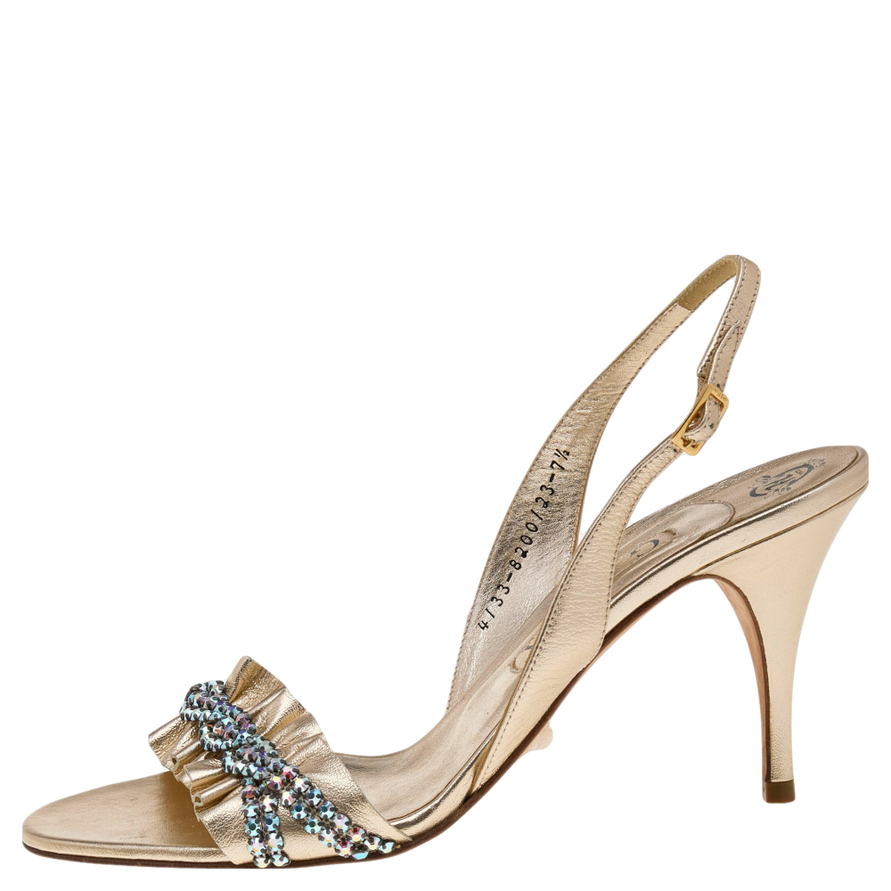 

Gina Metallic Gold Leather Crystal Embellished Slingback Sandals Size