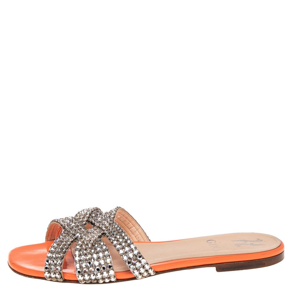 

Gina Orange Patent Leather Crystal Embellished Slide Flats Size