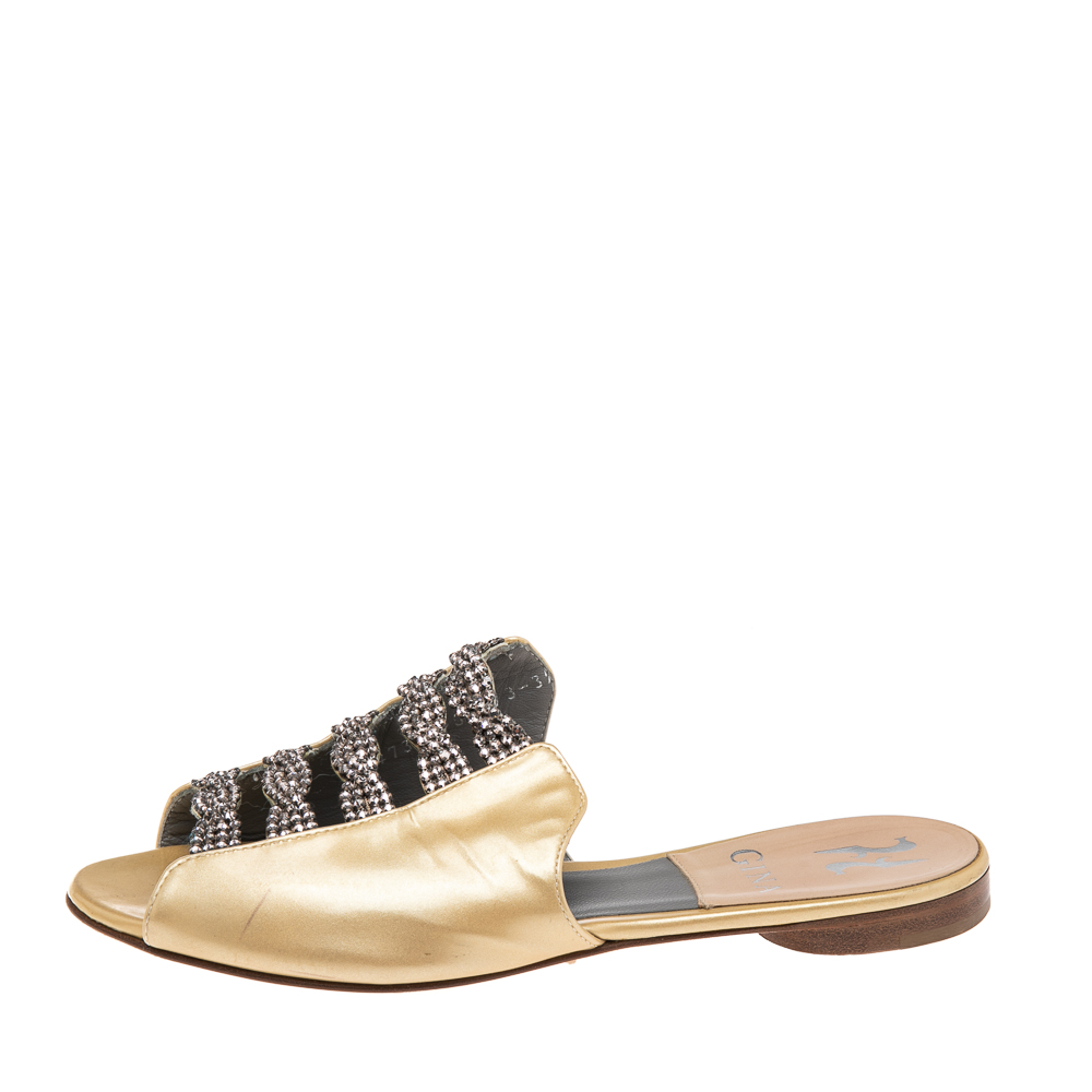 

Gina Beige Patent Leather Crystal Embellished Flat Slides Size