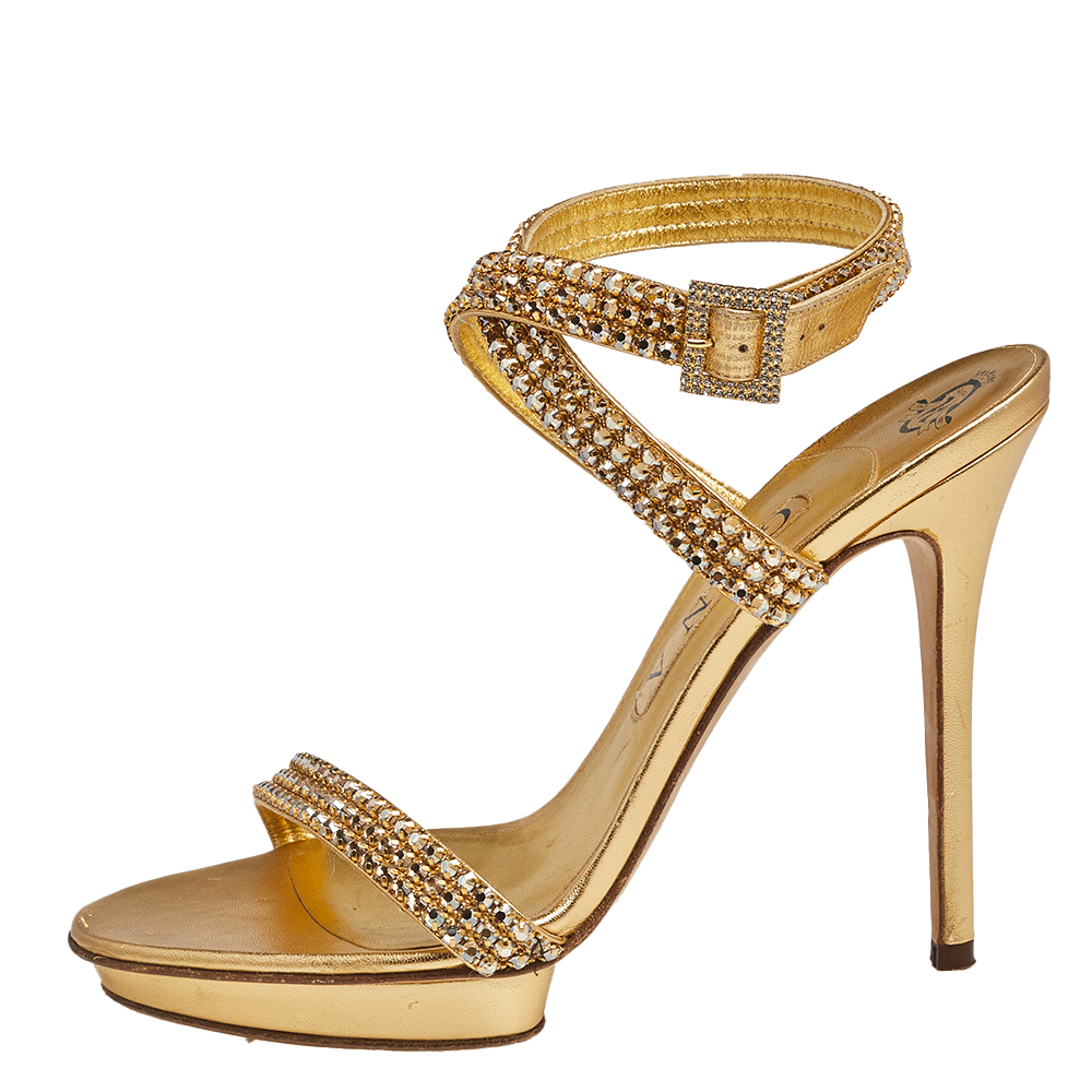 

Gina Gold Leather Crystal Embellished Cross Ankle Strap Sandals Size