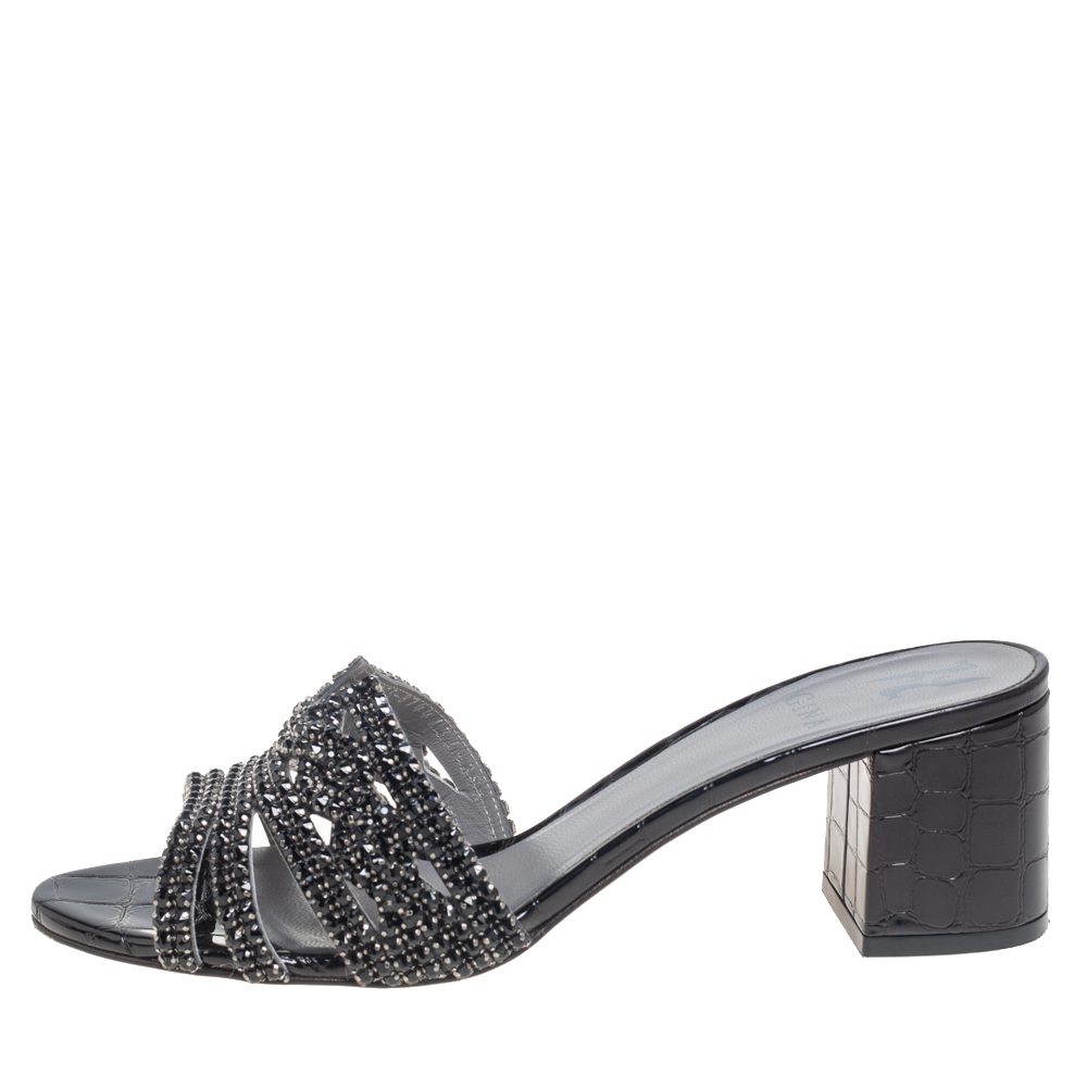 

Gina Black Croc Embossed Leather Crystal Embellished Loren Slide Sandals Size