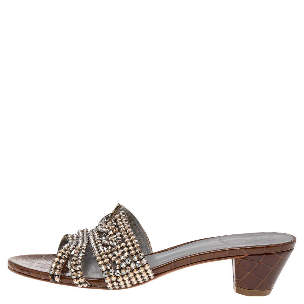 

Gina Brown Crystal Embellished Croc Embossed Patent Leather Block Heel Slides Size