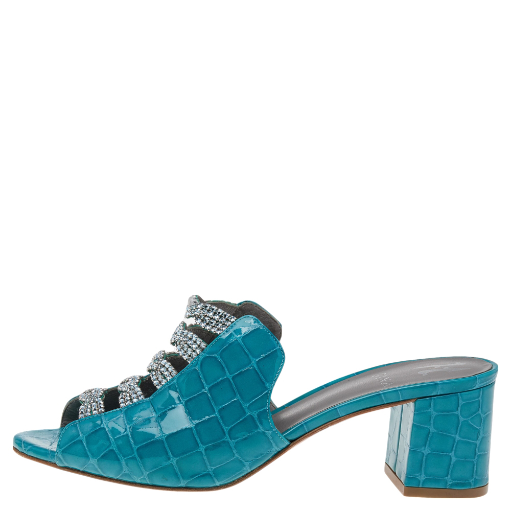 

Gina Blue Crystal Embellished Croc Embossed Patent Leather Block Heel Slides Size