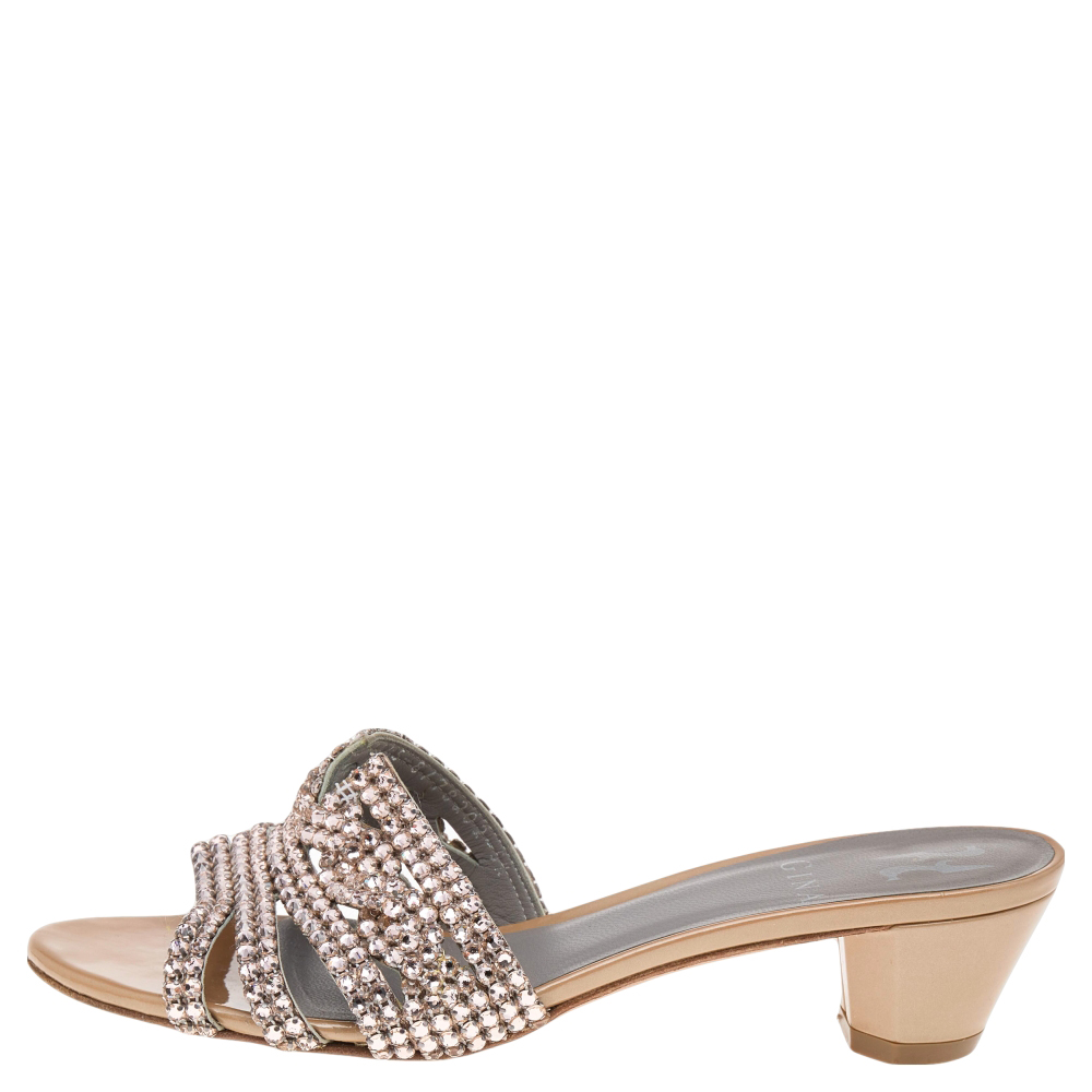 

Gina Beige Crystal Embellished Patent Leather Slide Sandals Size