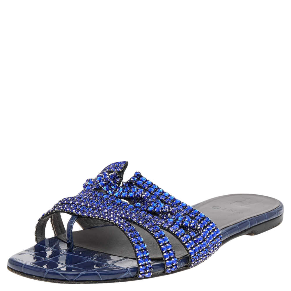 Pre-owned Gina Blue Embossed Leather Crystal Embellished Slide Sandals Size 40