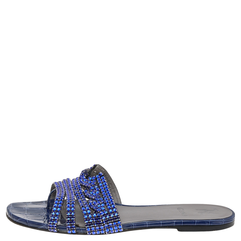 

Gina Blue Embossed Leather Crystal Embellished Slide Sandals Size