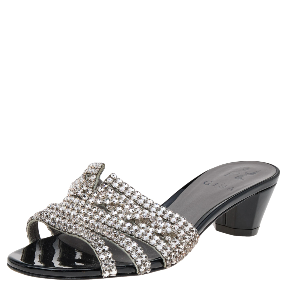 Pre-owned Gina Silver/black Leather Crystal Embellished Slide Sandals Size 38.5