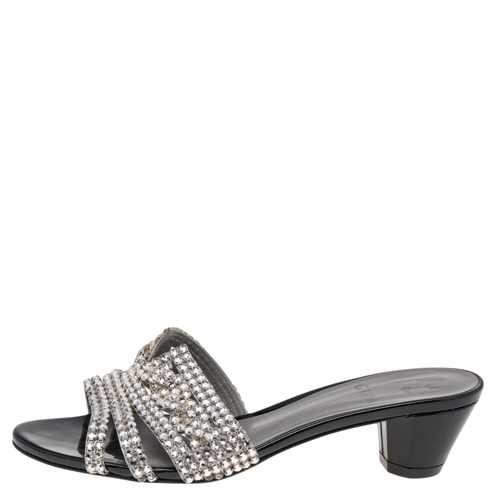

Gina Silver/Black Leather Crystal Embellished Slide Sandals Size