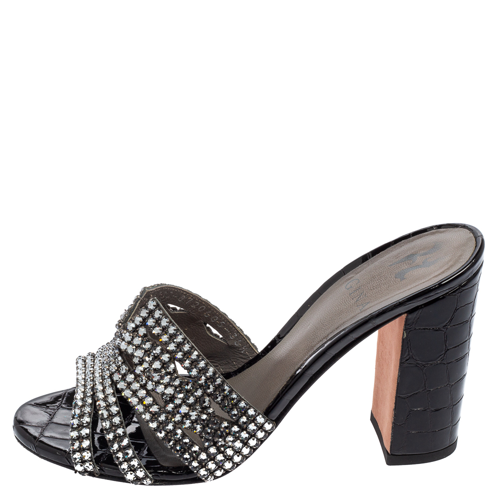 

Gina Black Croc Embossed Patent Leather Crystal Embellished Slides Size
