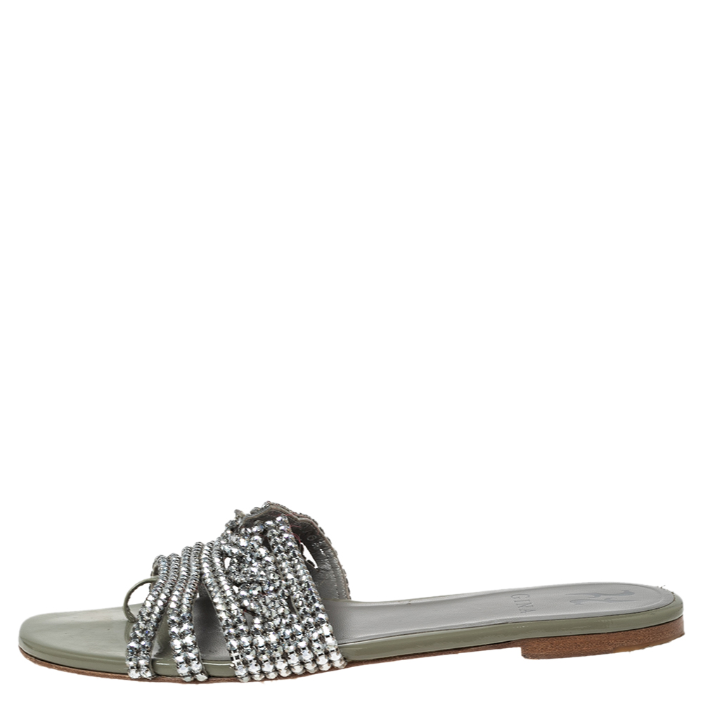 

Gina Metallic Grey Patent Leather Crystal Embellished Flat Slides Size