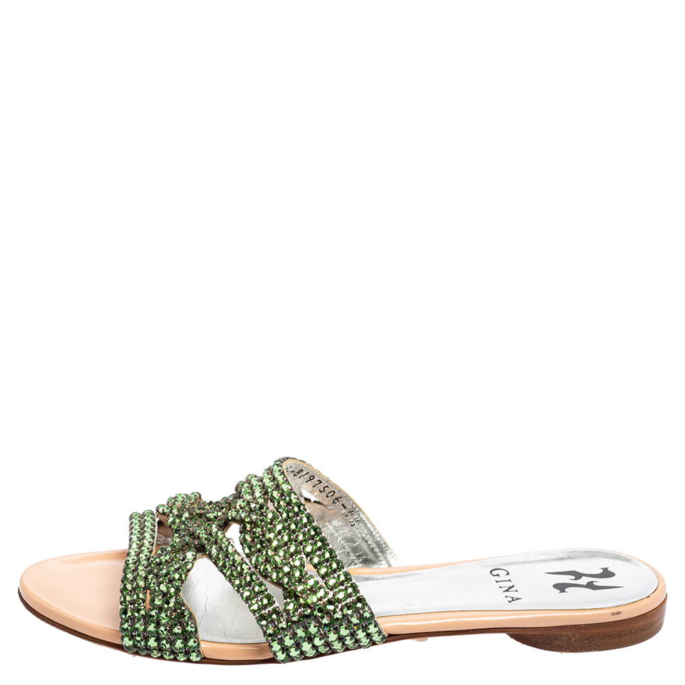 

Gina Green Crystal Embellished Leather Loren Flat Sandals Size