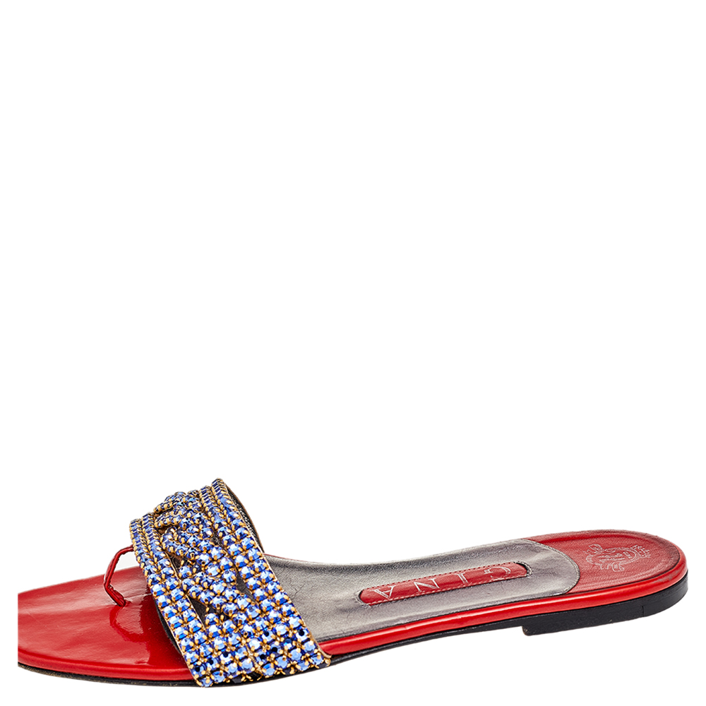 

Gina Red/Blue Crystal Embellished Patent Leather Thong Flat Slides Size