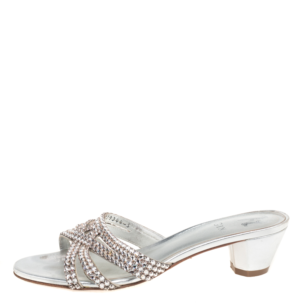 

Gina Silver Leather Crystal Embellished Rodeo Block Heel Slides Size