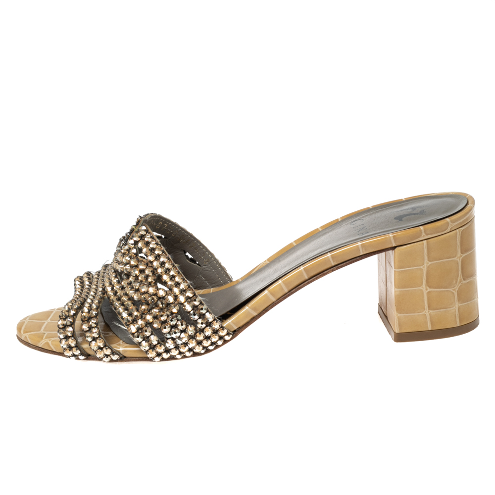 

Gina Beige Croc Embossed Leather Crystal Embellished Loren Slide Sandals Size