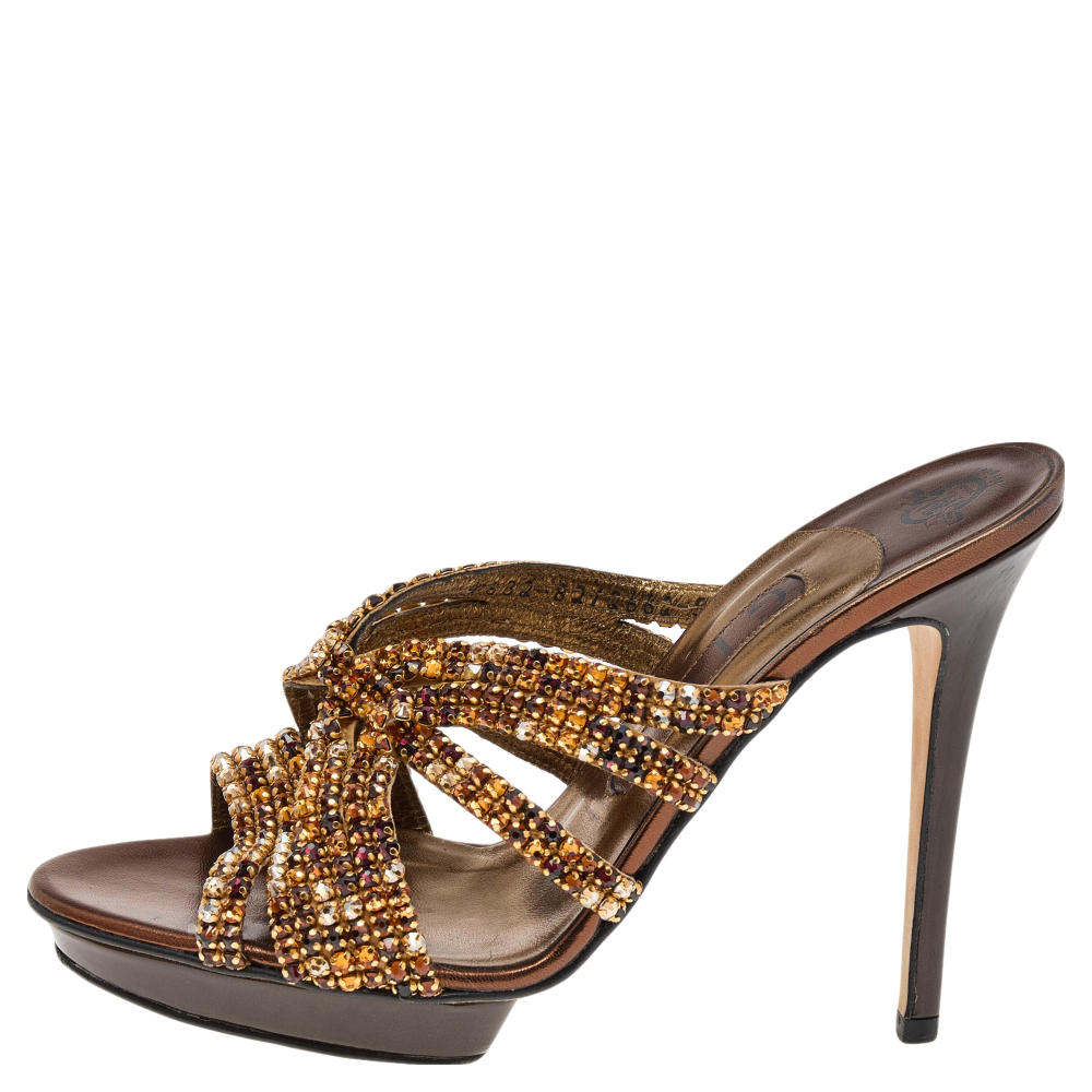 

Gina Metallic Bronze Crystal Embellished Leather Slide Sandals Size