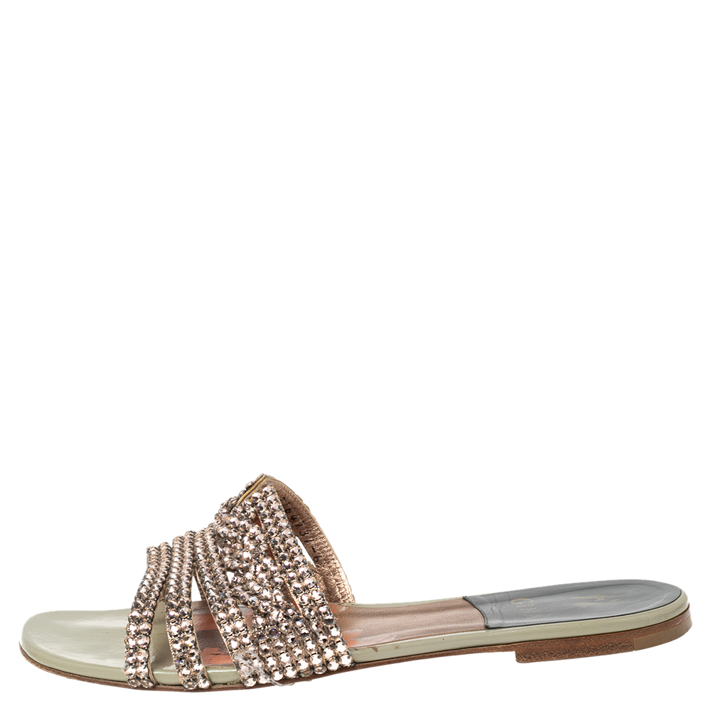 

Gina Pink Crystals Embellished Leather Flat Slide Sandals Size