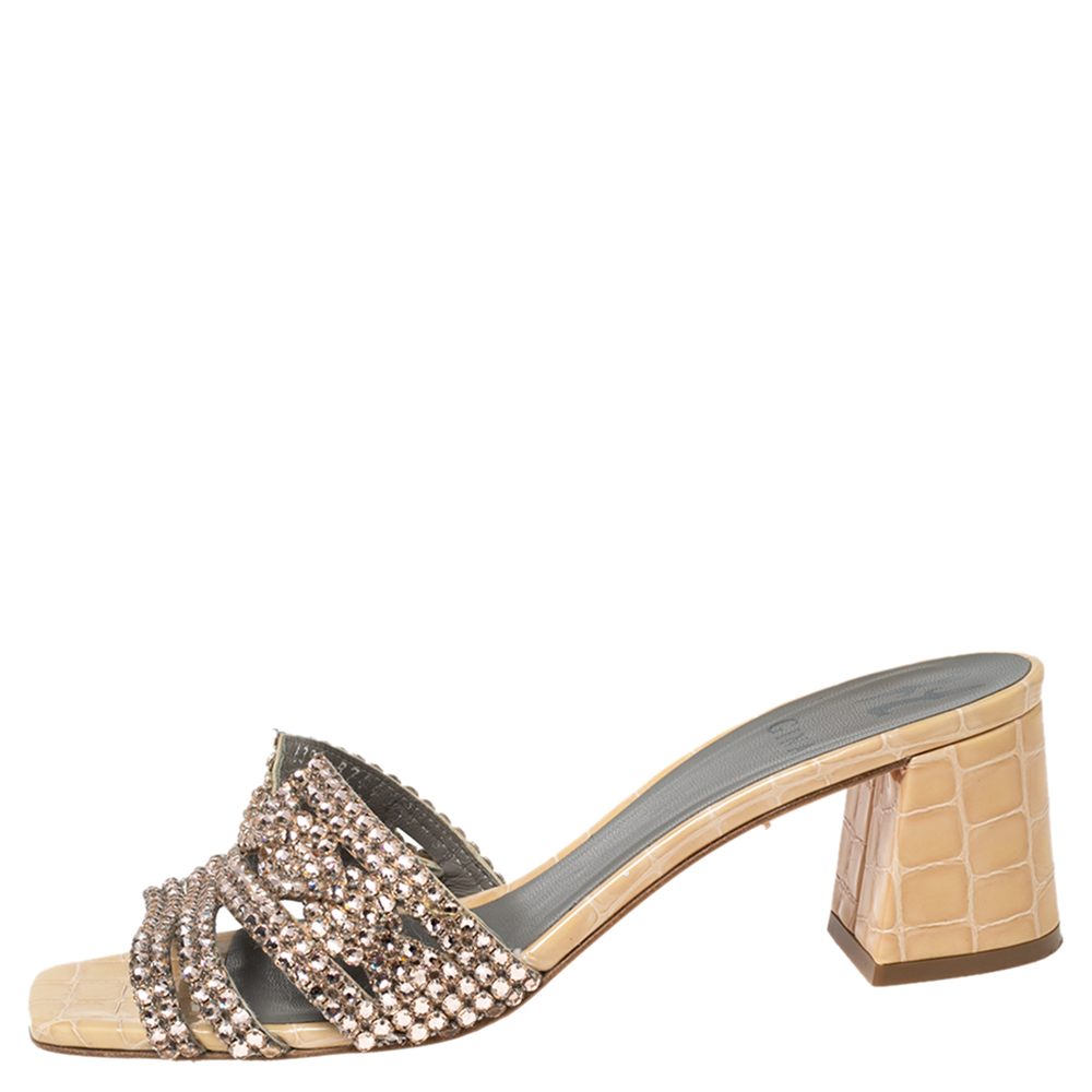 

Gina Beige Crystals Embellished Leather Loren Slide Sandals Size