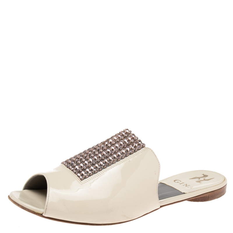 

Gina Cream Patent Leather Crystal Embellished Slide Sandals Size