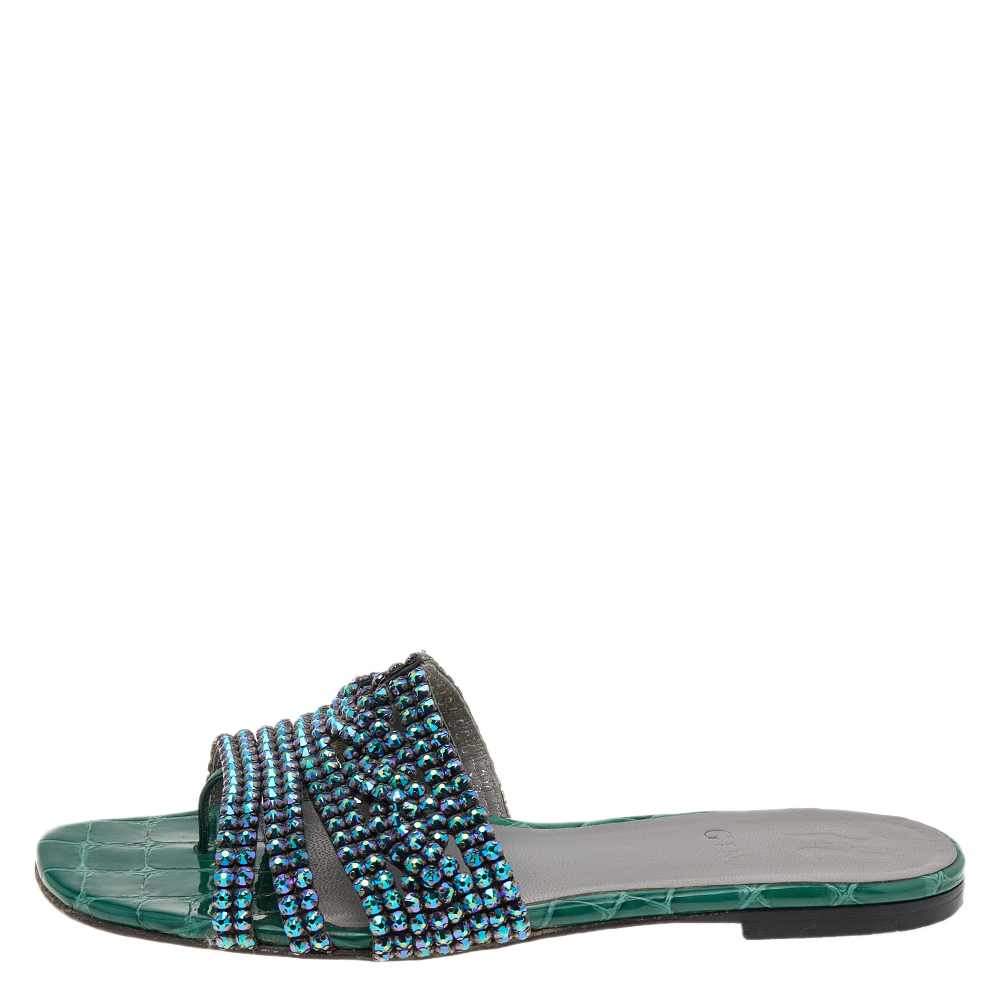 

Gina Green Leather Crystal Embellished Flat Slide Sandals Size