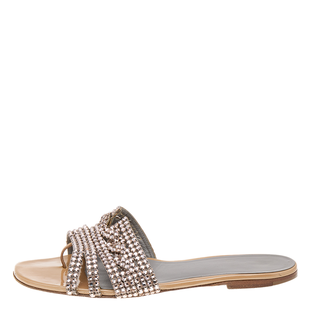 

Gina Beige Leather Crystal Embellished Flat Loren Sandals Size