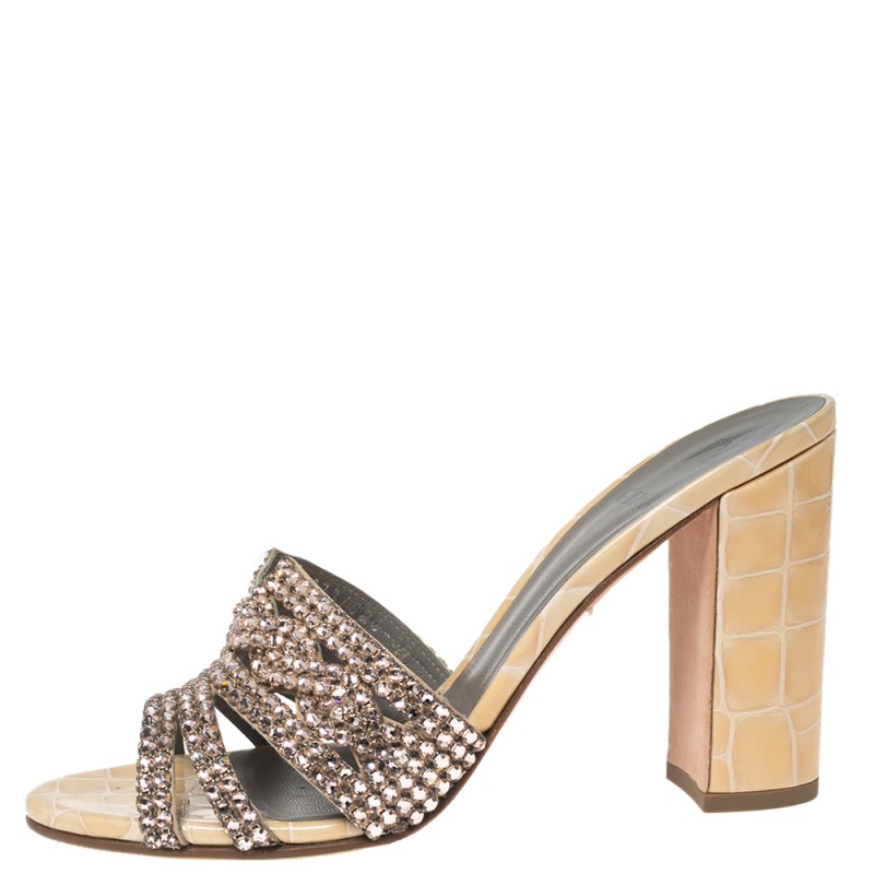 

Gina Beige Crystal Embellished Leather Loren Block Heel Slide Sandals Size