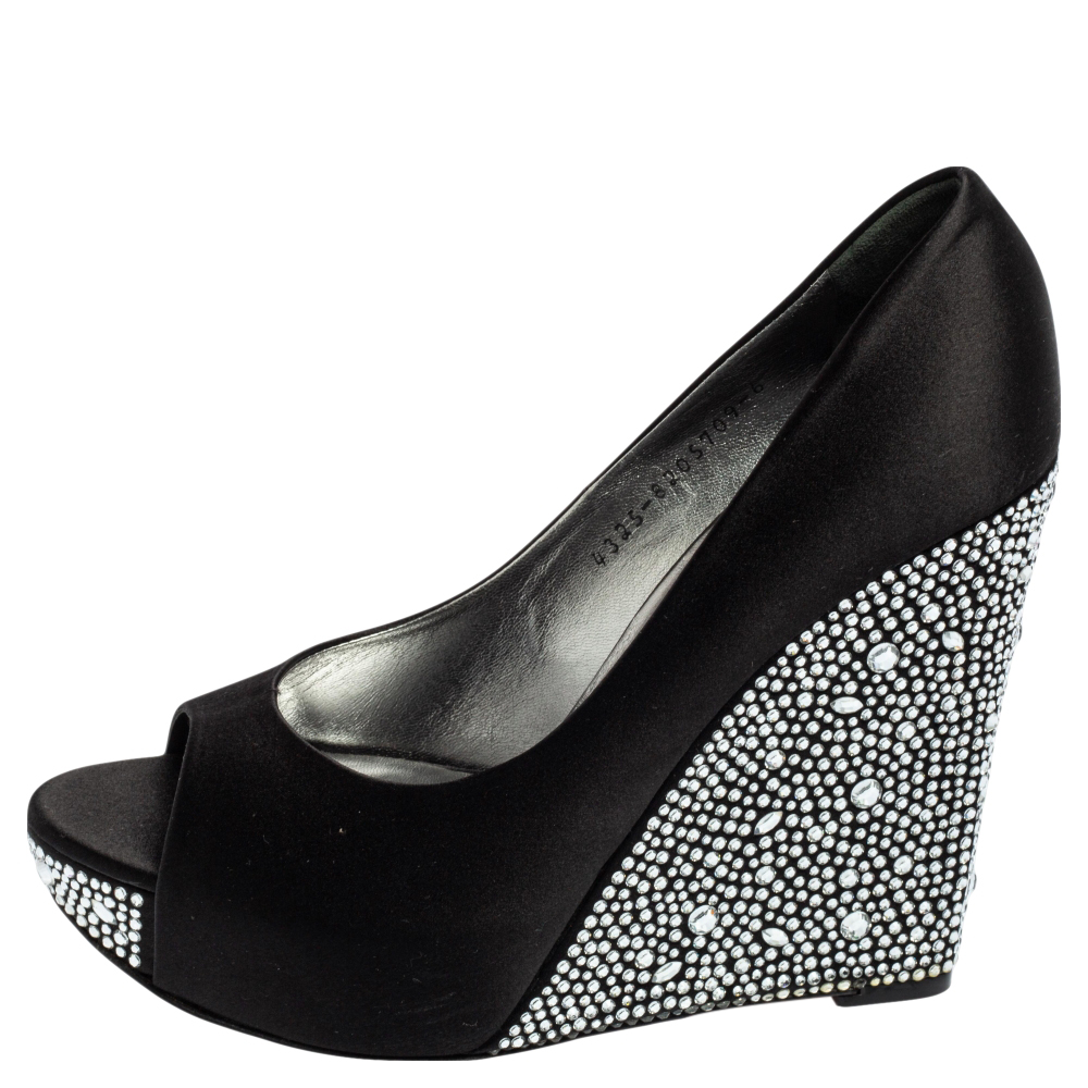 

Gina Black Satin Crystal Embellished Belle Open Toe Wedge Pumps Size