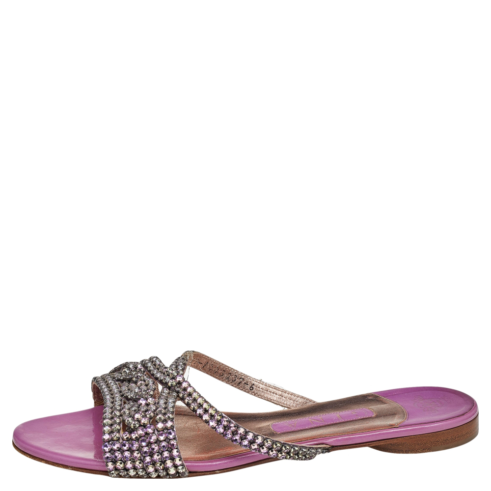 

Gina Purple Leather Crystal Embellished Slide Sandals Size