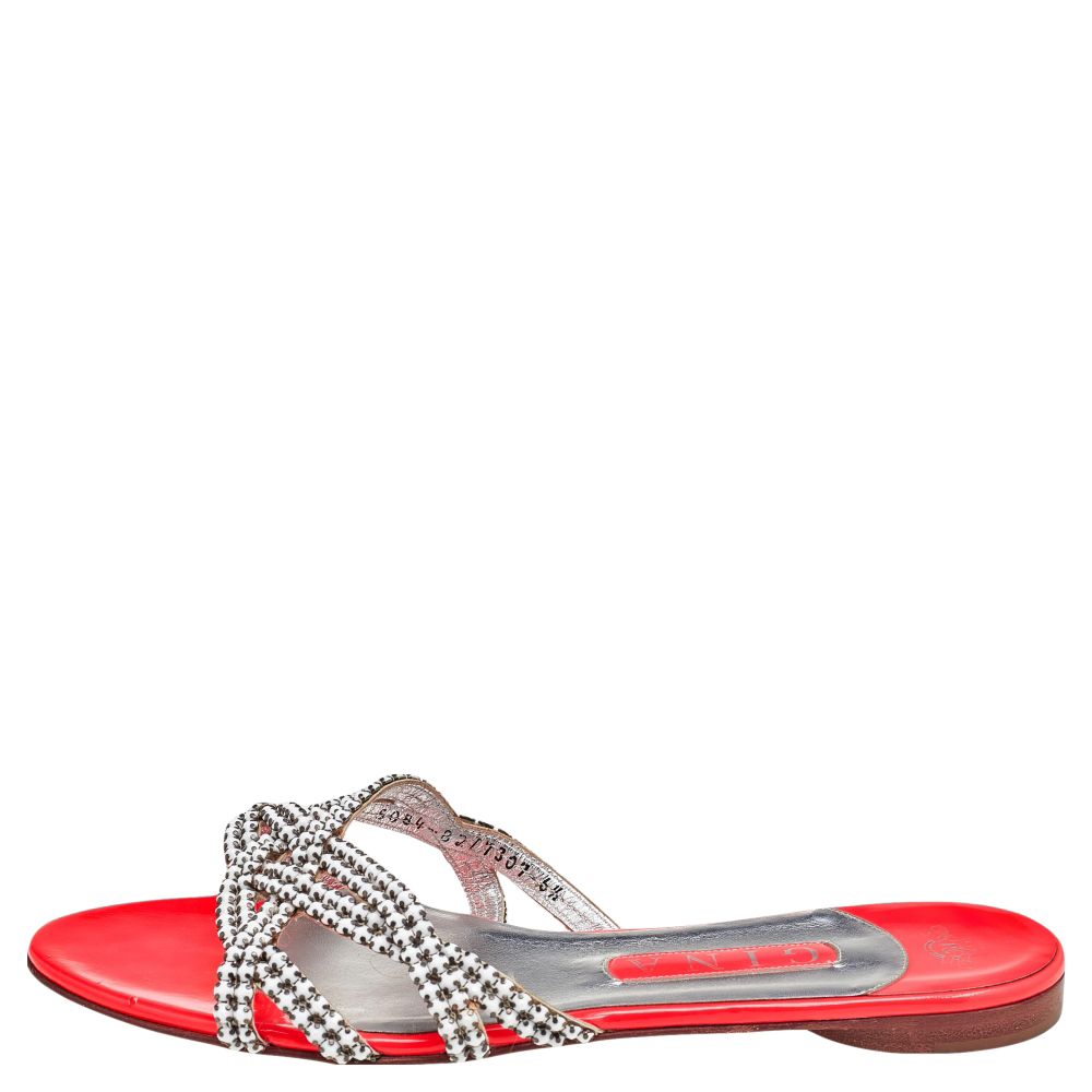 

Gina White/Neon Orange Leather Embellished Slide Sandals Size