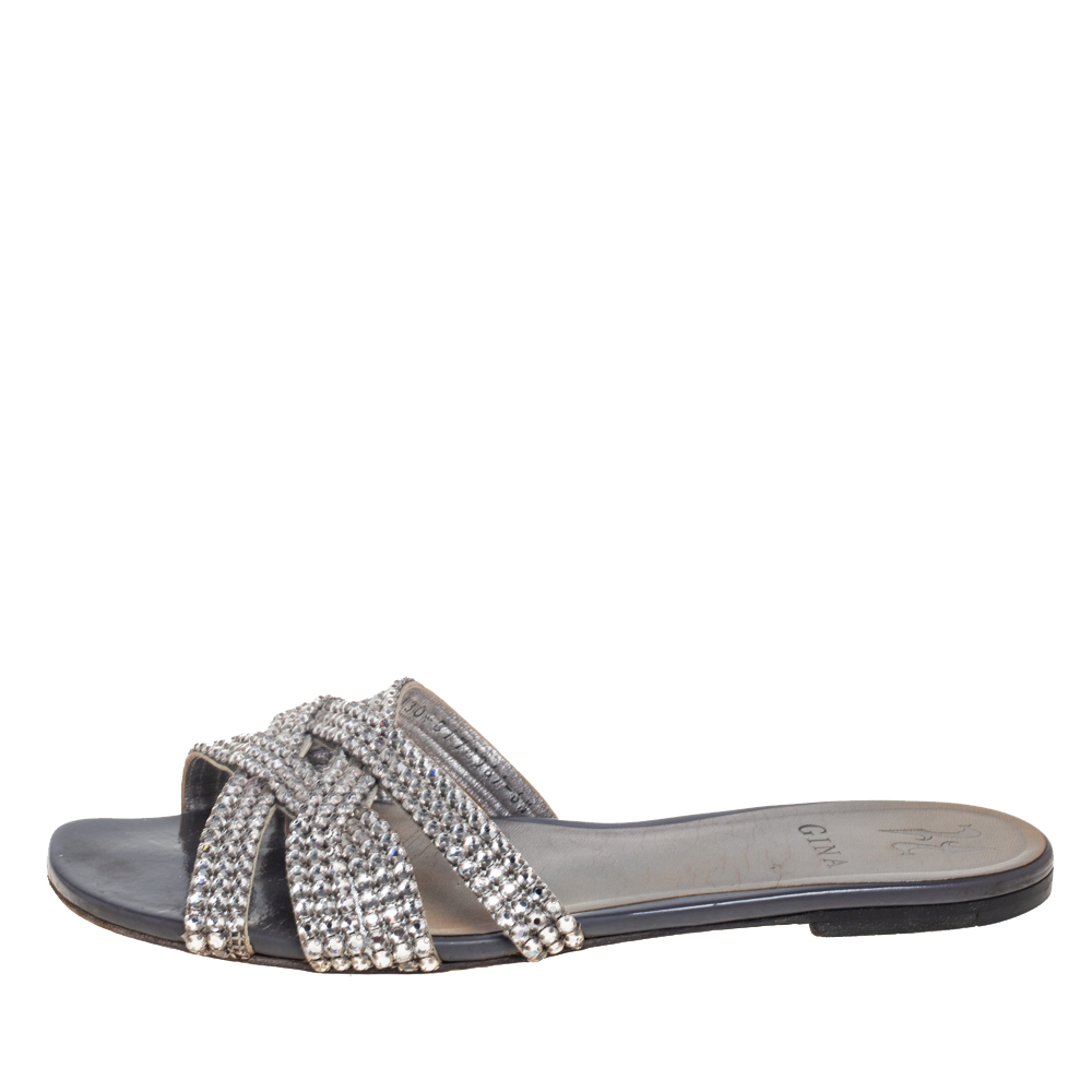 

Gina Silver Crystal Embellished Leather Flat Slides Size