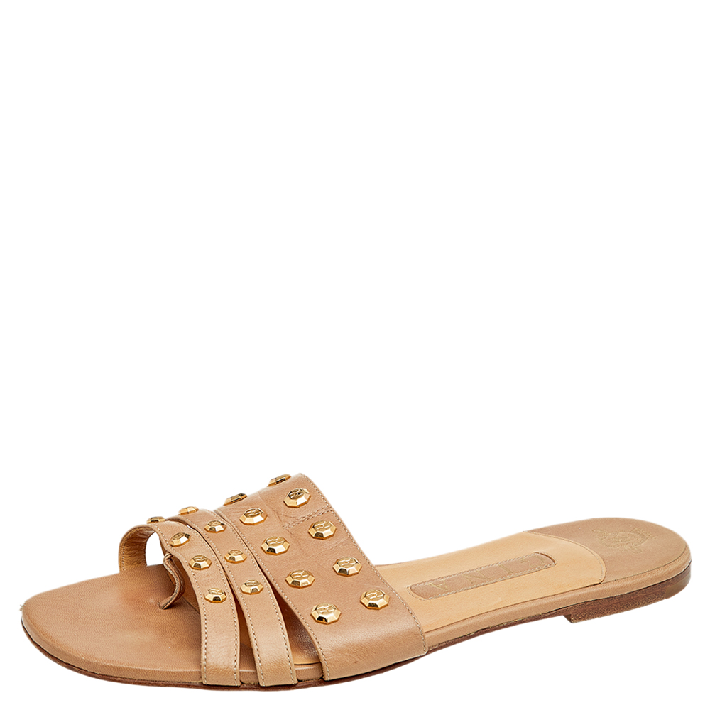 

Gina Beige Leather Embellished Slide Sandals Size 38.5