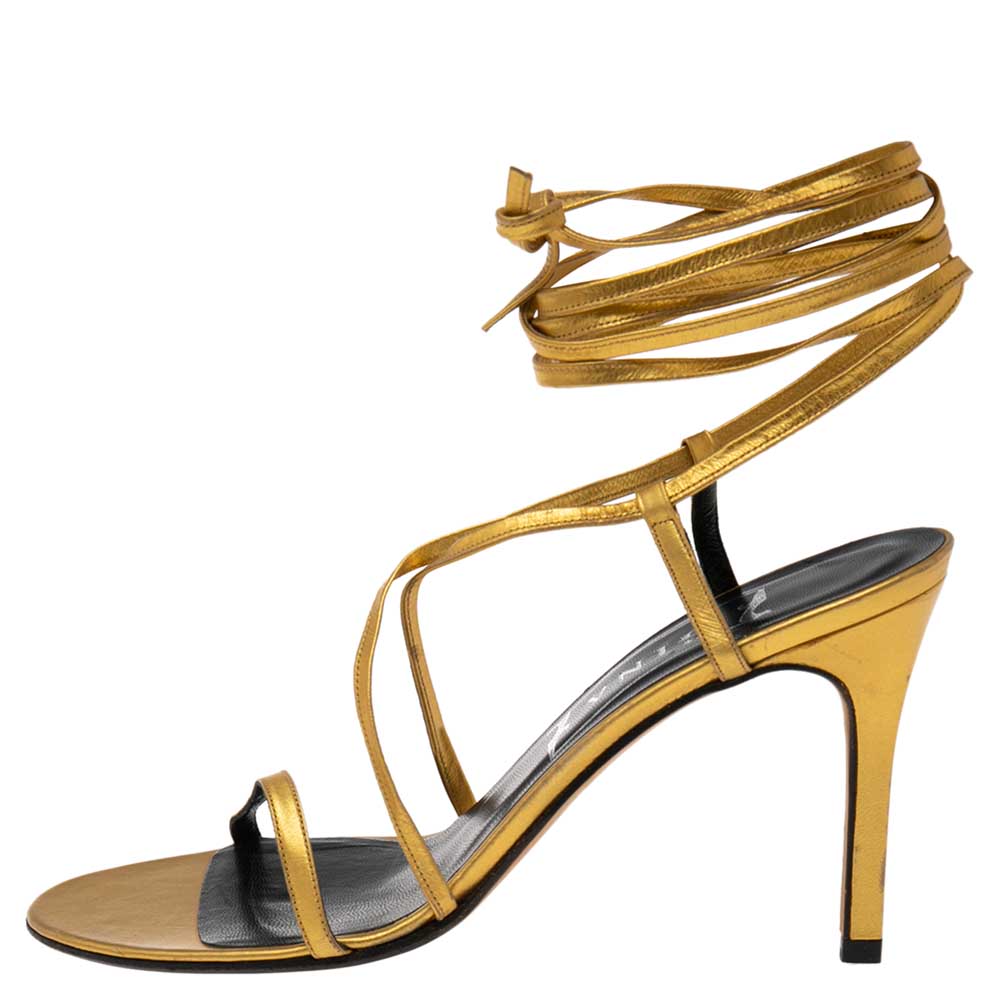 

Gina Gold Leather Ankle Wrap Sandals Size, Multicolor