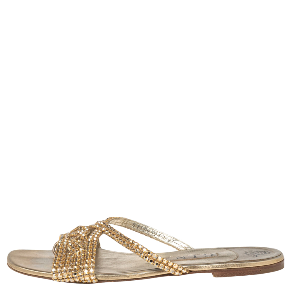 

Gina Gold Leather Crystal Embellished Flat Loren Sandals Size