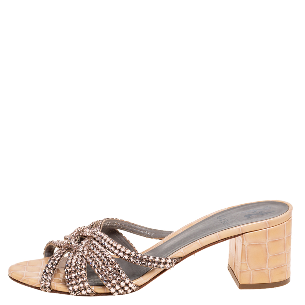

Gina Beige Crystal Embellished Croc Embossed Patent Leather Block Heel Slides Size
