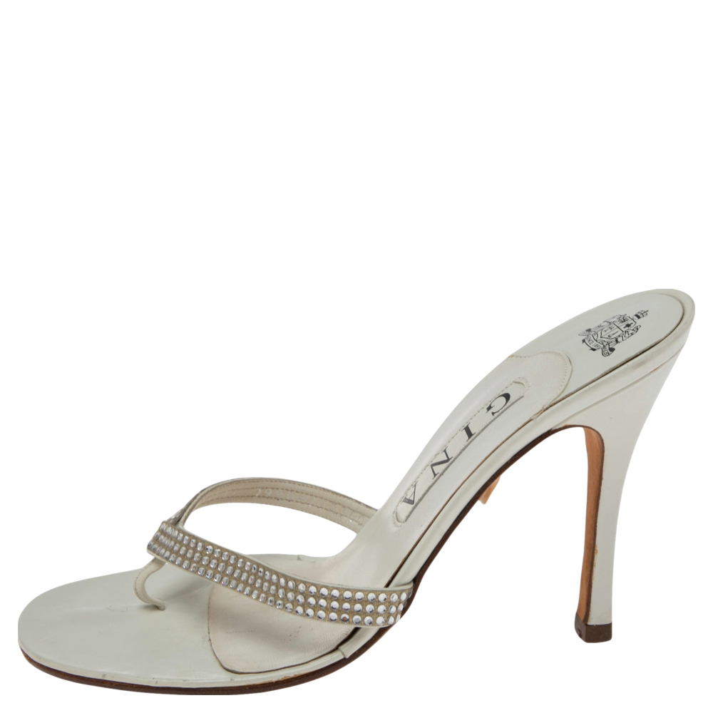 

Gina White Crystal Embellished Leather Slide Sandals Size