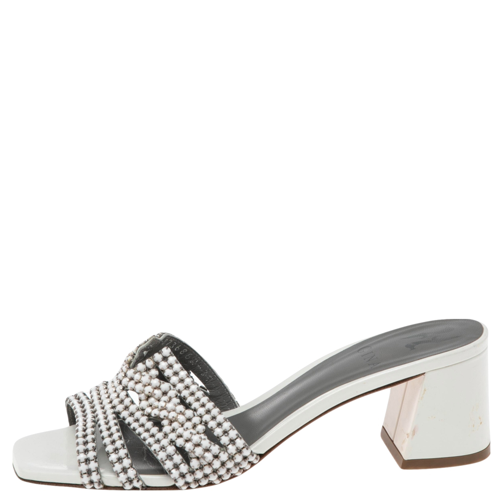 

Gina White Crystal Embellished Leather Arizona Slide Sandals Size