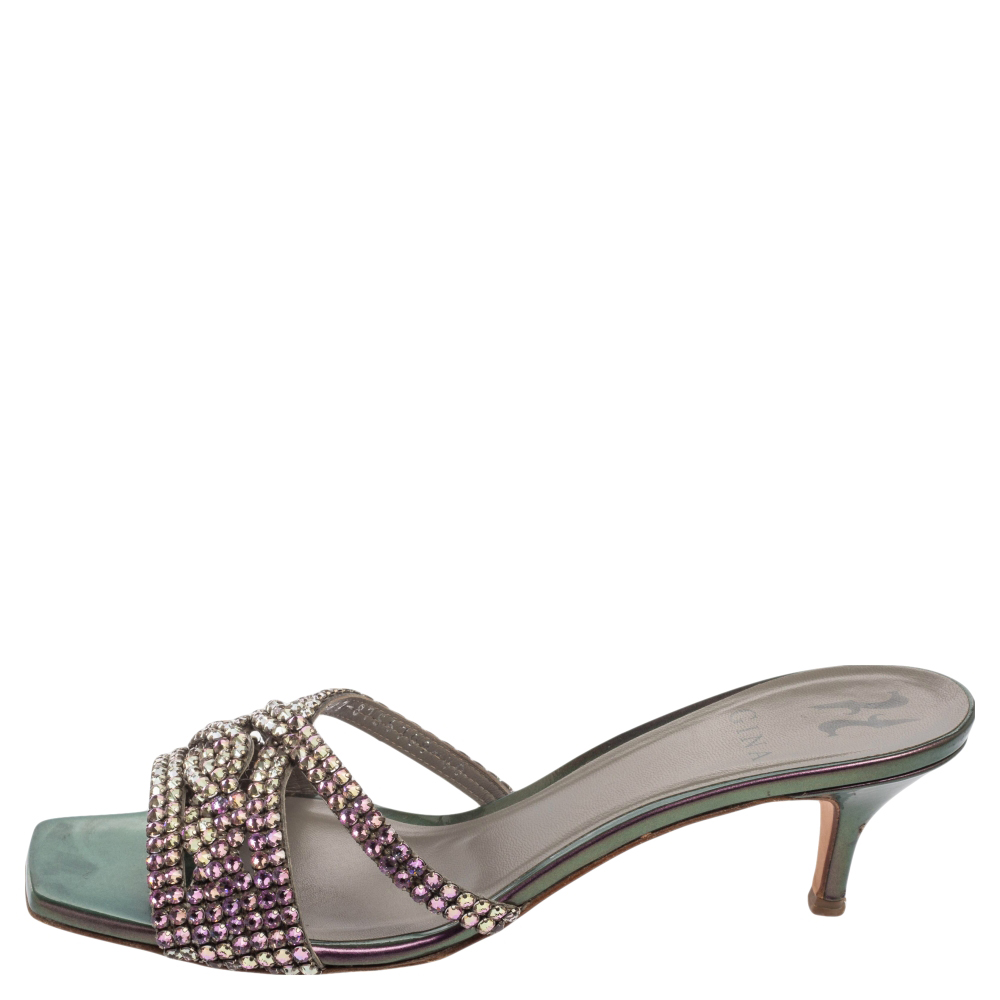 

Gina Purple/Green Crystal Embellished Leather Slide Sandals Size