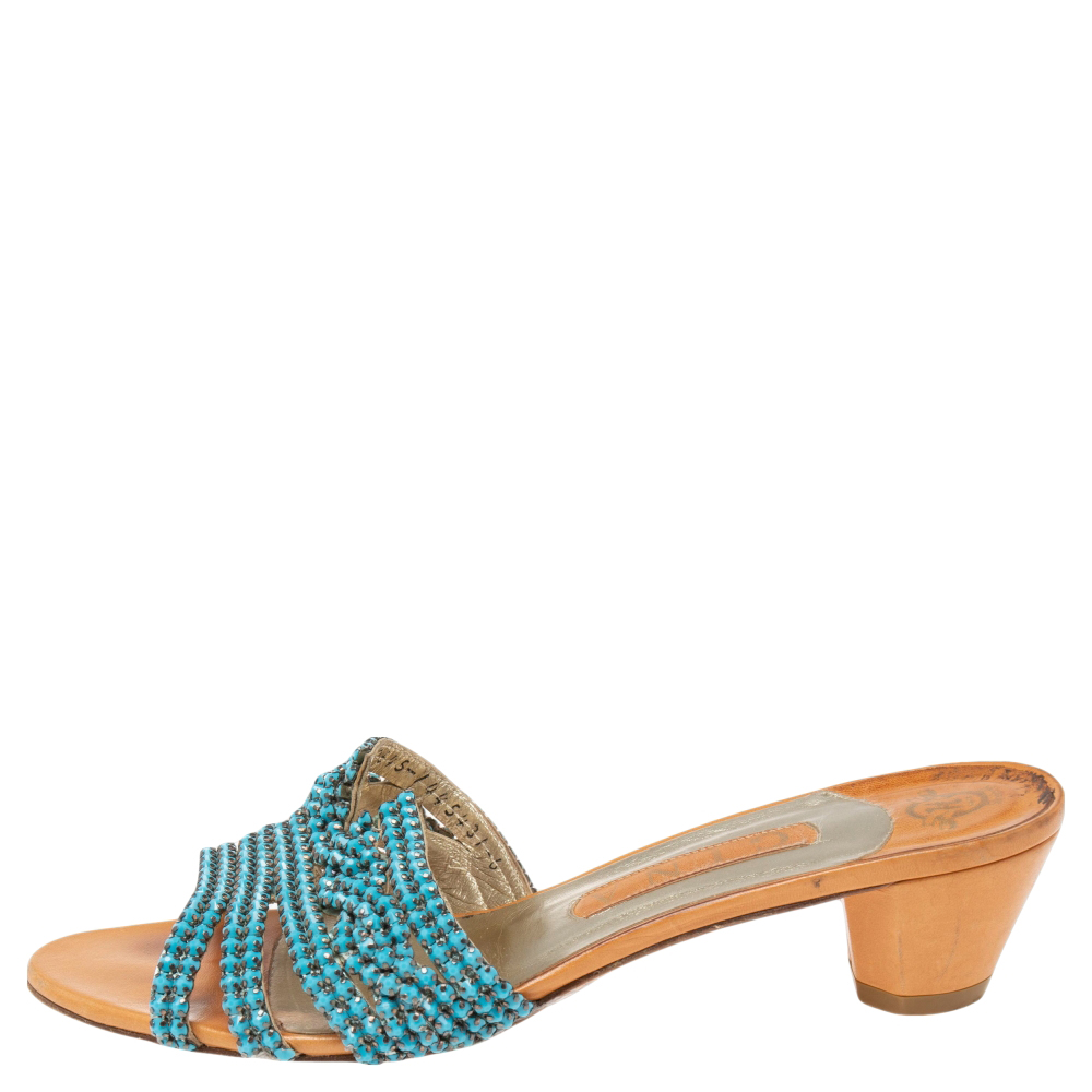 

Gina Brown Leather Embellished Loren Slide Sandals Size