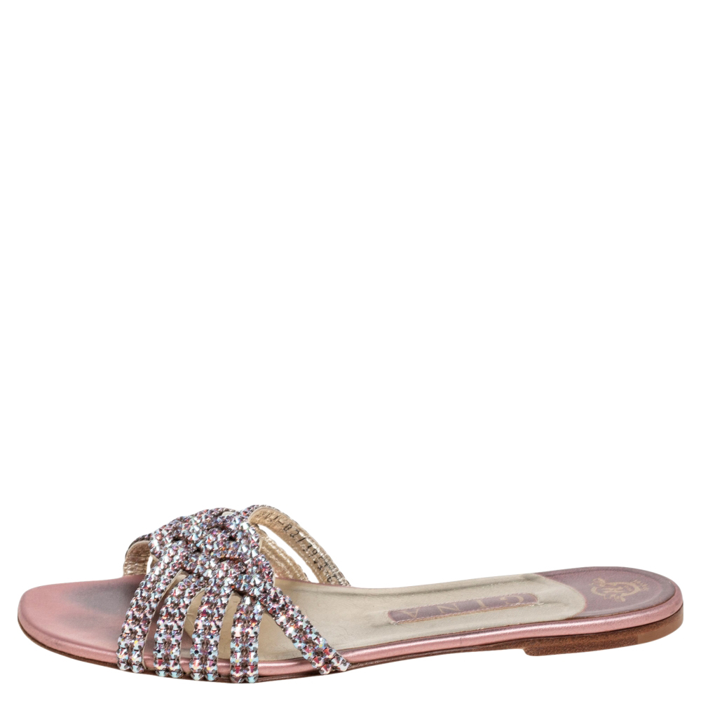 

Gina Pink Crystal Embellished Leather Flat Slides Size