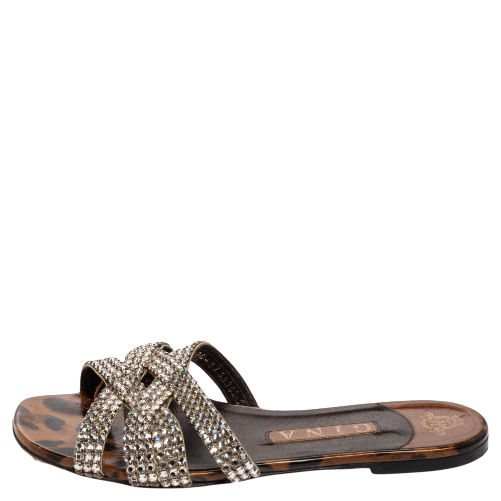 

Gina Brown/Silver Crystals Embellished Leather Flat Slides Size