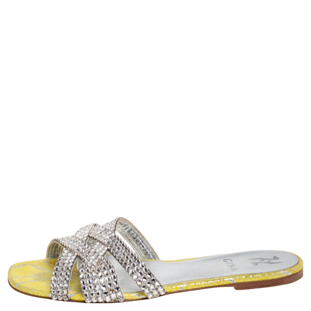 

Gina Lime Yellow/Silver Crystal Embellished Leather Flat Slides Size